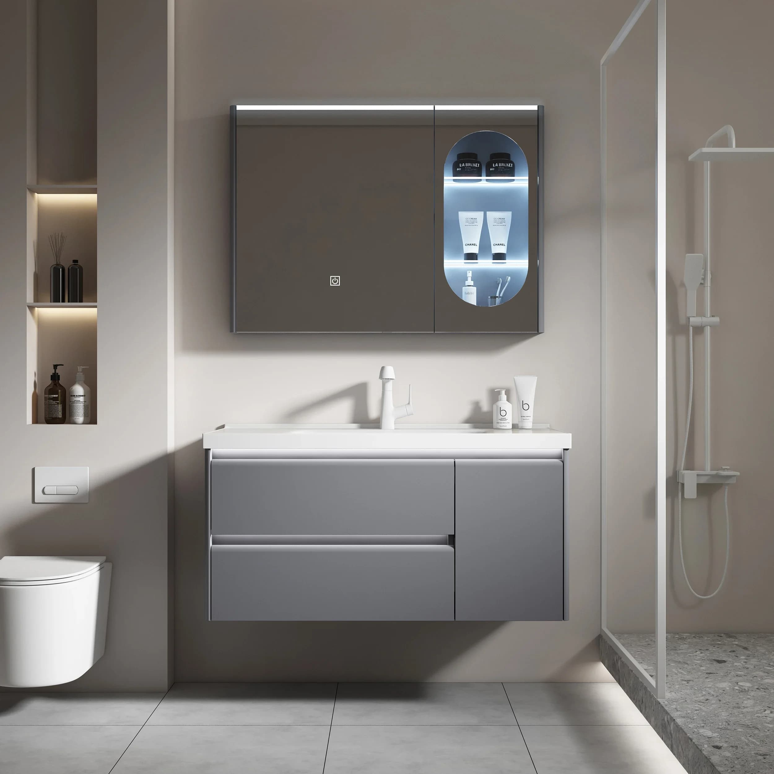 Mobiletto da bagno di design in acciaio inossidabile con design rettangolare a specchio