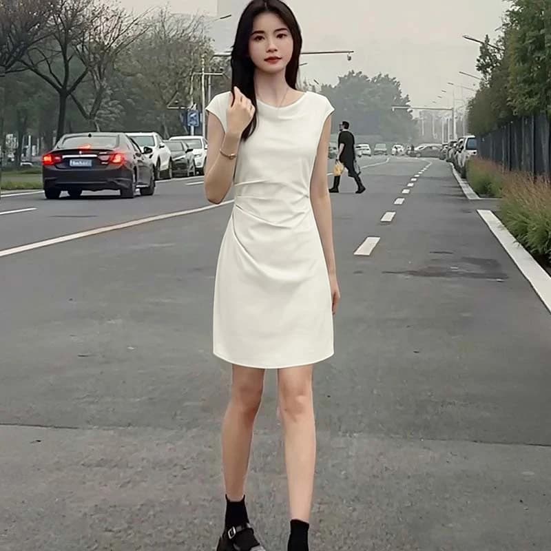 Elegant Pure Color Belted Slimming Spring Dress Women's Simple Style A-Line Skirt Casual Wear Polyester Fiber Short Sleeve