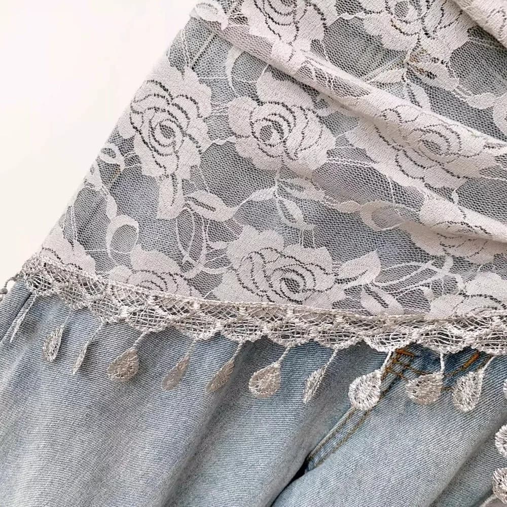 Versatile Sheer Mesh Hip Scarf Floral Print Triangle Boho Bandana Tassel Fringe Lace Waist Scarf For Women