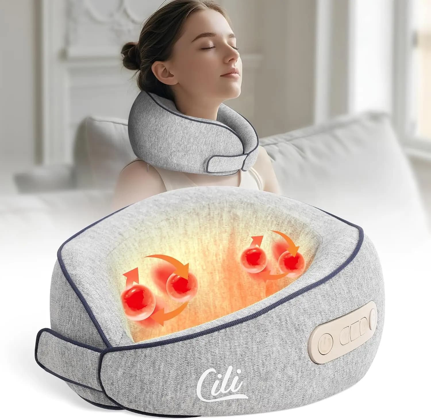 Cordless Neck Massager with Heat, Shiatsu Deep Tissue Massage Pillow for Pain Relief, 3 Adjustable Intensity, Travel Gift