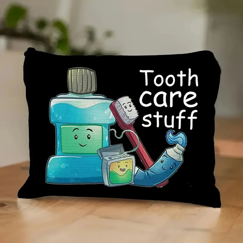 Una borsa per il trucco con design per denti e spazzolino: custodia multifunzionale con cerniera da donna, borsa per riporre gioielli
