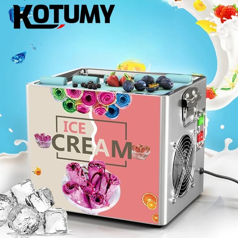 110V/220V Small Thai Fry Pan Ice Cream Roll Machine Maker Fried Yogurt & Yogurt Roll Maker Motor Chocolate Water Ingredients