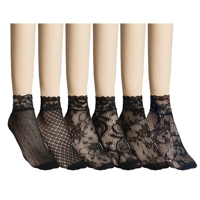 Calzini Corti Sexy in Seta Nera Traspirante con Rete a Maglia, Calze Corte Jacquard Nere da Donna, Stile Sottile e Romantico, Anti Odore