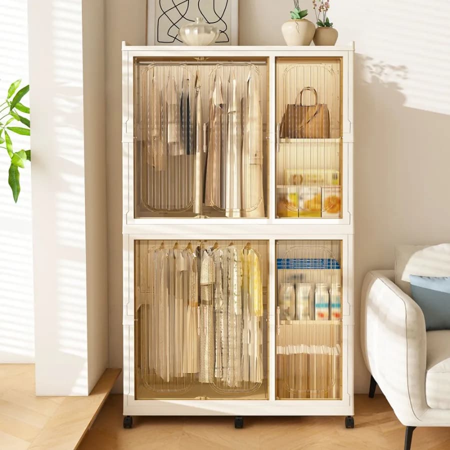 Armadio Portatile Organizzatore per Vestiti con 6 Porte Magnetiche, 6 Cubi, 2 Aste Appendiabiti e 6 Ganci