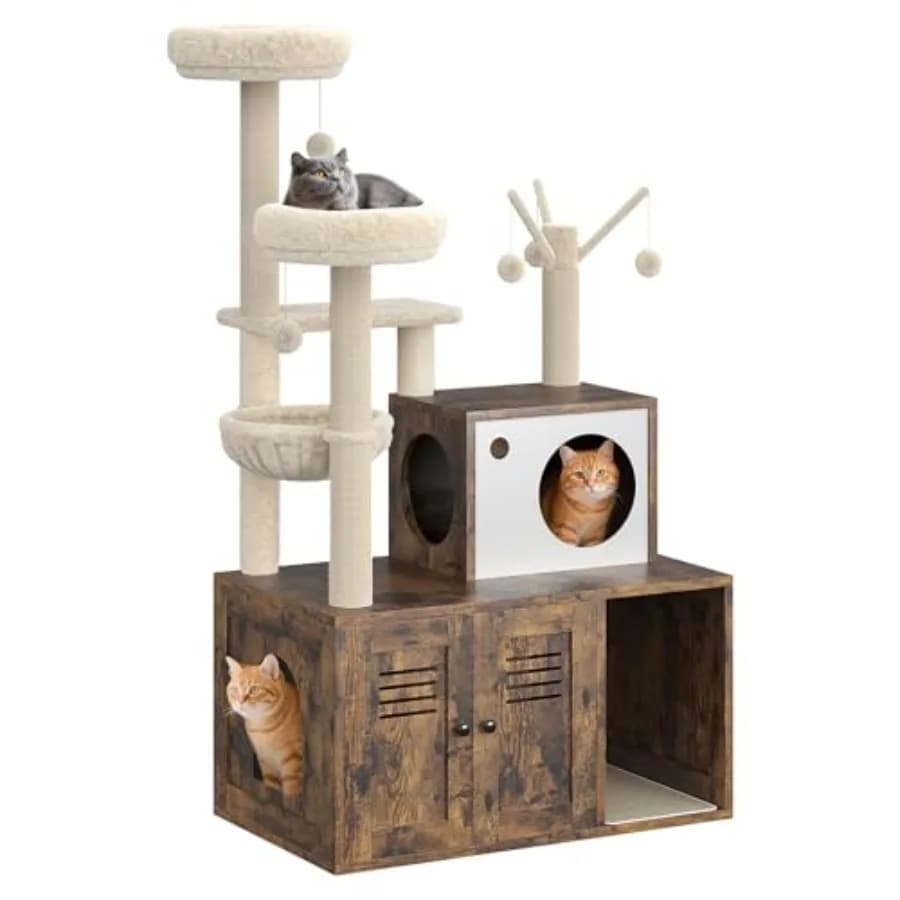 Casetta per Gatti Multifunzionale con Torre, Tiragraffi, Amache e Bagno Nascosto - Moderno Tiragraffi per Gatti con Lettiera Integrata