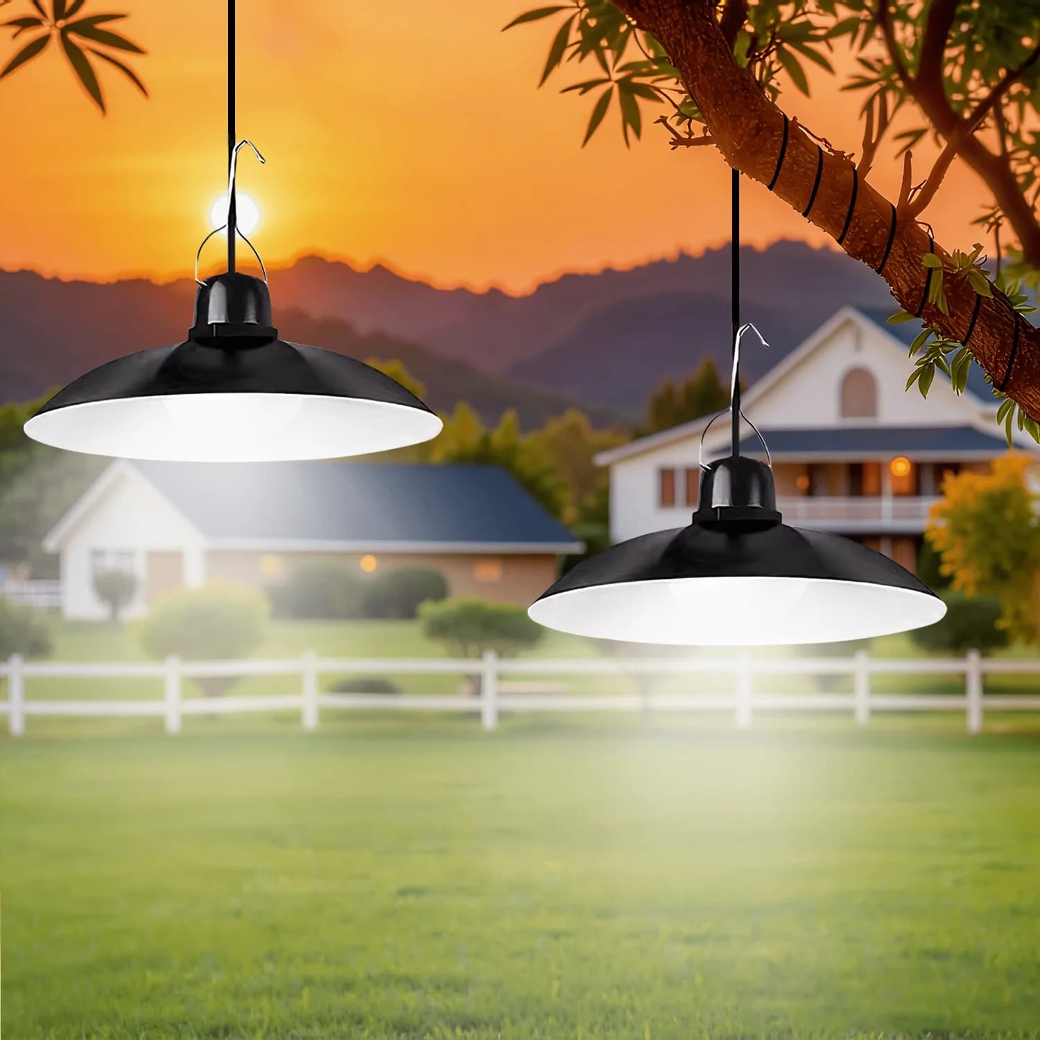 Lampada Solare a Sospensione da Esterno a LED, Lampadario a Doppia/Singola Testa per Interni ed Esterni, Cortili, Capannoni, Fienili, Decorazione per Stanze