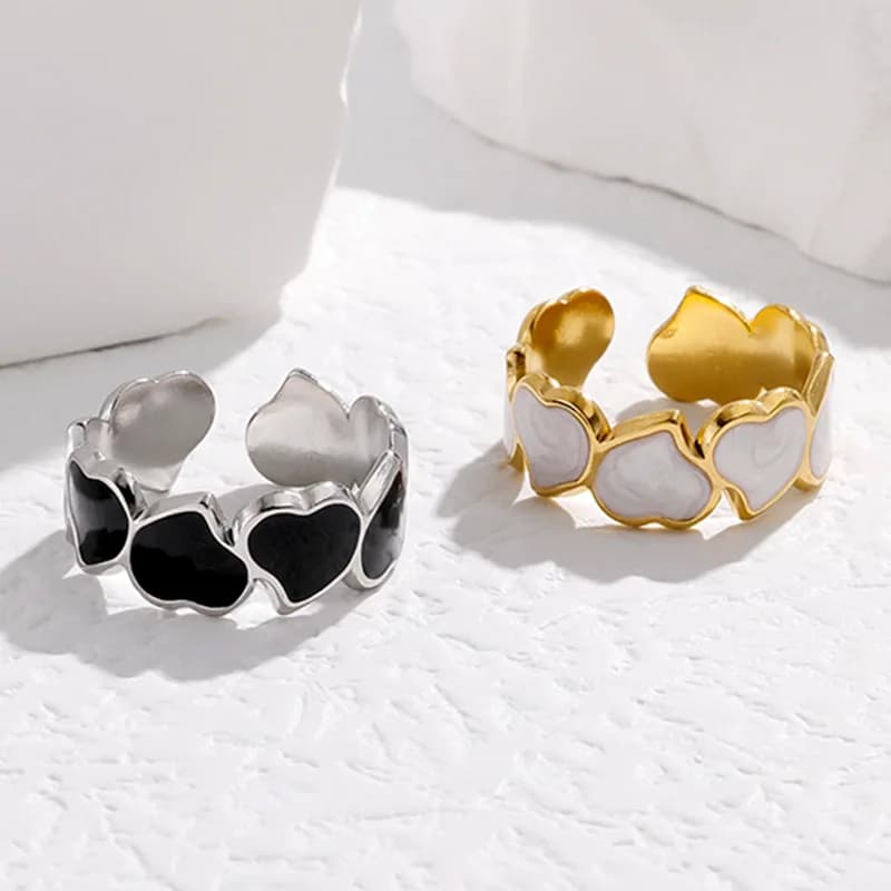 Anelli di Coppia in Acciaio Inossidabile con Cuore Smaltato Bianco e Nero, Gioielli Vintage alla Moda per Donne e Uomini, Regalo Resistente allo Sbiadimento