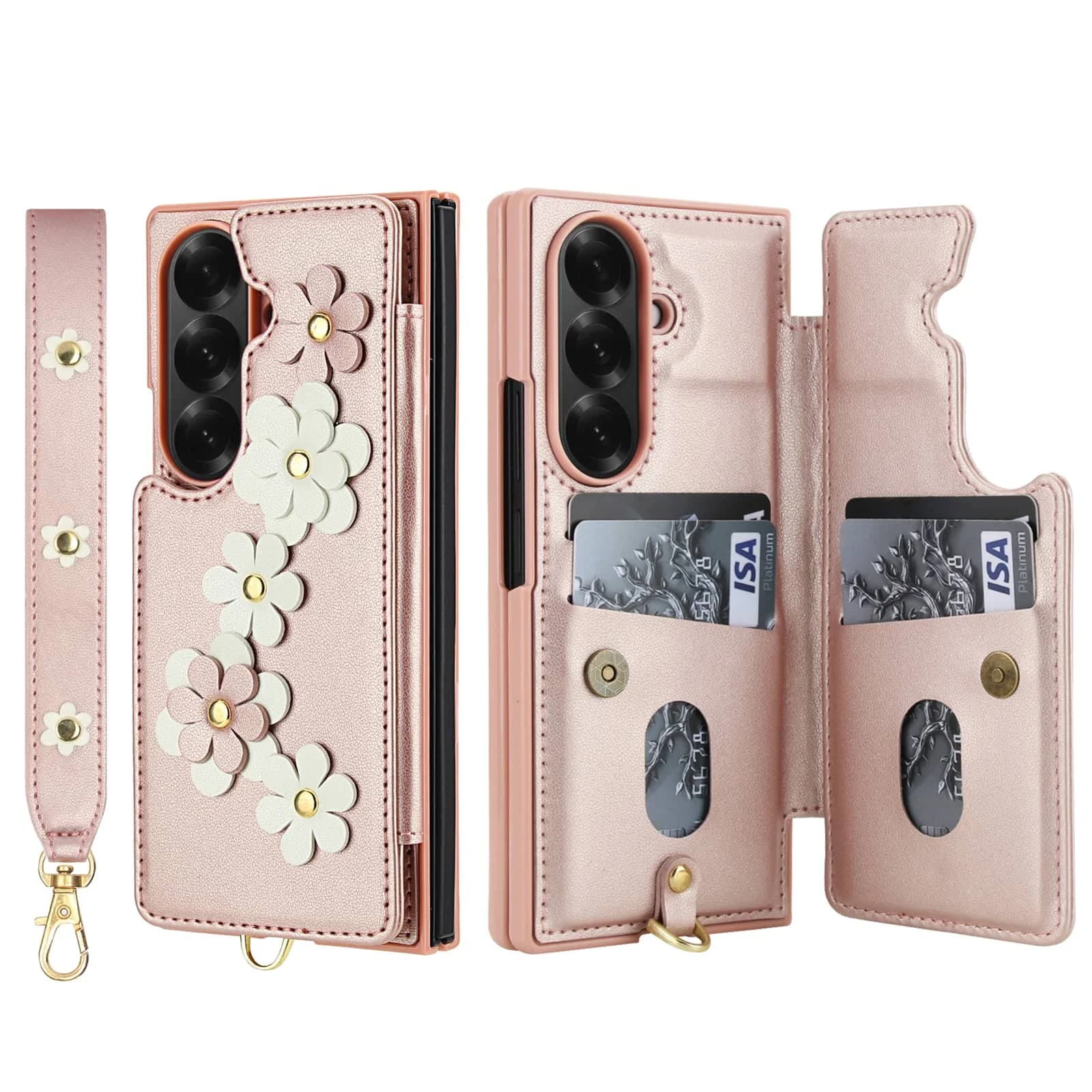 Wallet case for Samsung Galaxy Z Fold 7 6 5 4 with Card holder, Leather with Floral Pattern, Magnetic, with Support and Anti-shocket