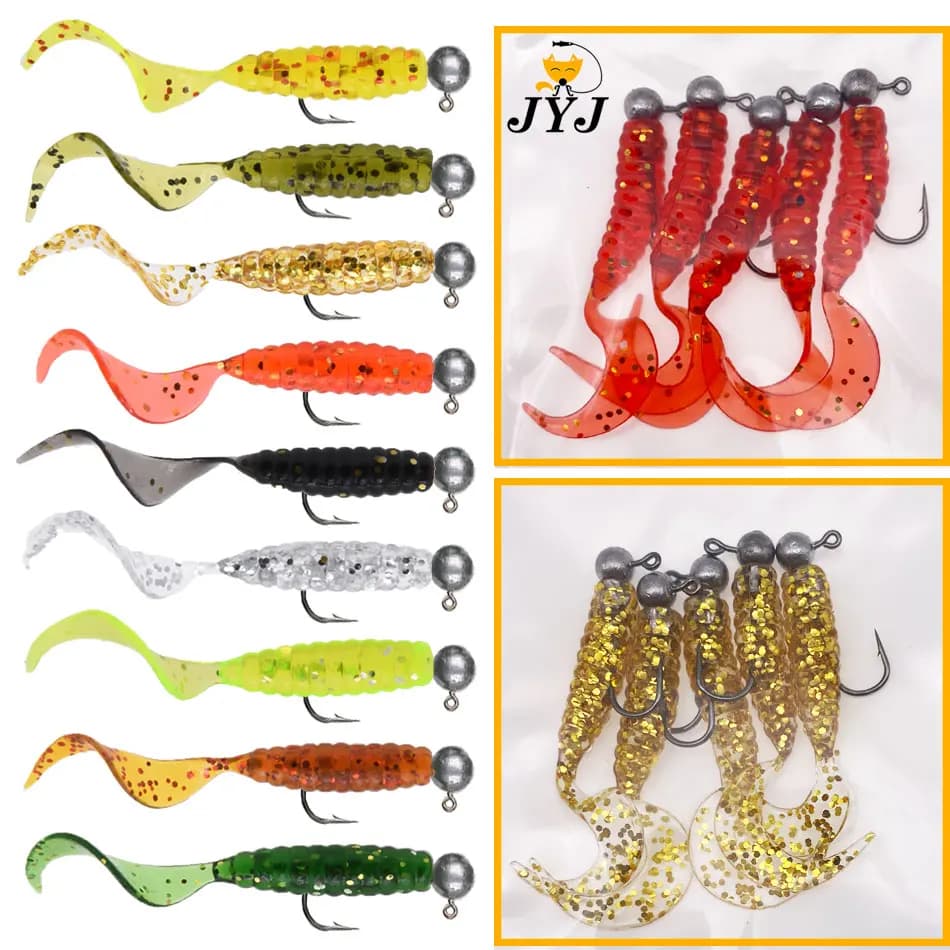 JYJ 5 pz/borsa 1g jig gancio con 4 cm grub verme morbido piccolo richiamo esca artificiale attrezzatura da pesca per pesce persico crappie bass