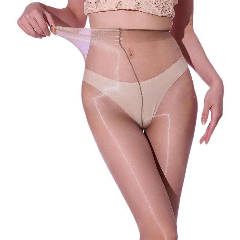 Collant 1D Ultra-sottili Lucidi Effetto Olio da Donna a Vita Alta in Seta Sexy Trasparenti con Cucitura a Linea Unica e Apertura all'Inguine