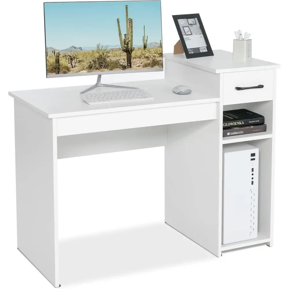 Scrivania da gioco per PC portatile da 40 pollici con supporto per monitor e ripiano portaoggetti, bianca