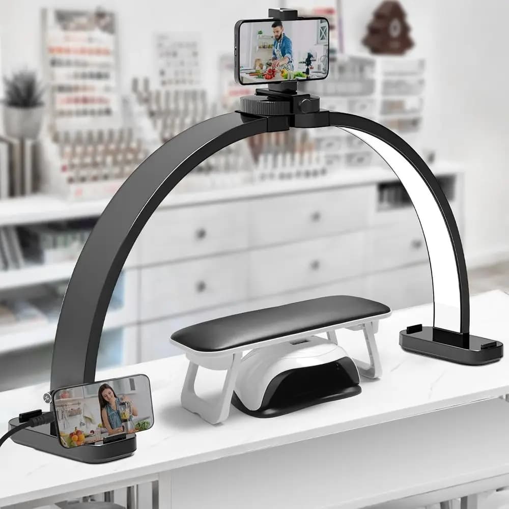30.7 LED Nail Desk Lamp with Adjustable Brightness, Half-Moon Design, and PE Holder for Nail and Eyelash Services, Black