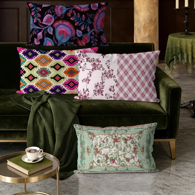 Fodere per cuscini lombari vintage boho floreali a quadri, adatte per divano, camera da letto, auto, cuscino rettangolare per schienale