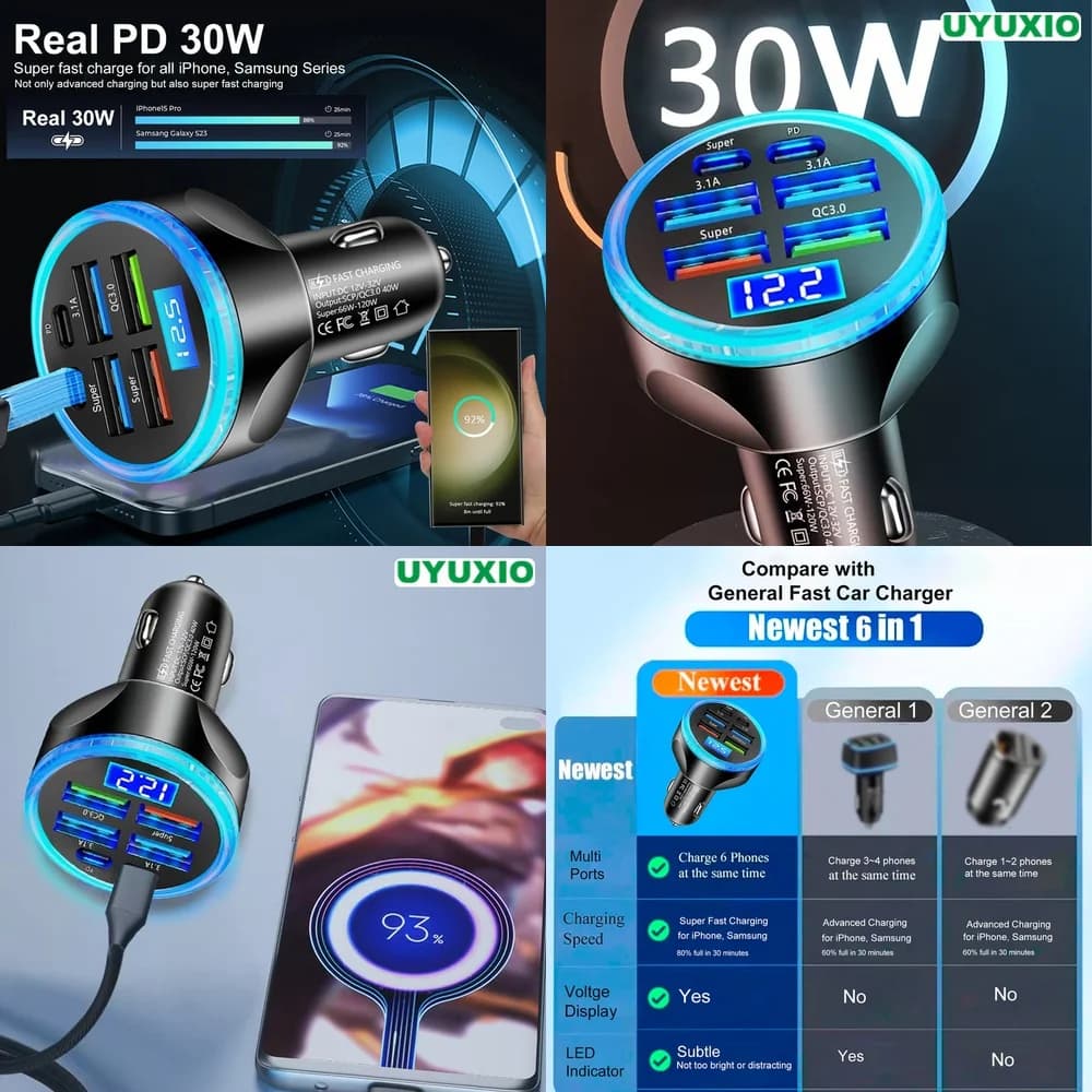 Fast Charging Super Fast LED Digital Display 6 Ports Car Charger Smart IC Chip for iPhone 17 16 15 14 Pro Max Plus Plug PD 30W