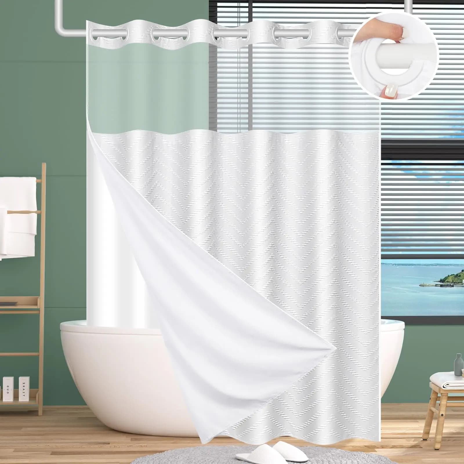FADOTY No Hook Shower Curtain Set with Snap in Liner, Ghost, 71'' x 74'' Bathroom Hotel Fabric Curtain, Waterproof Washable Liner, See Through Top Window, Ringless Ghost Tufted Cloth Curtain
