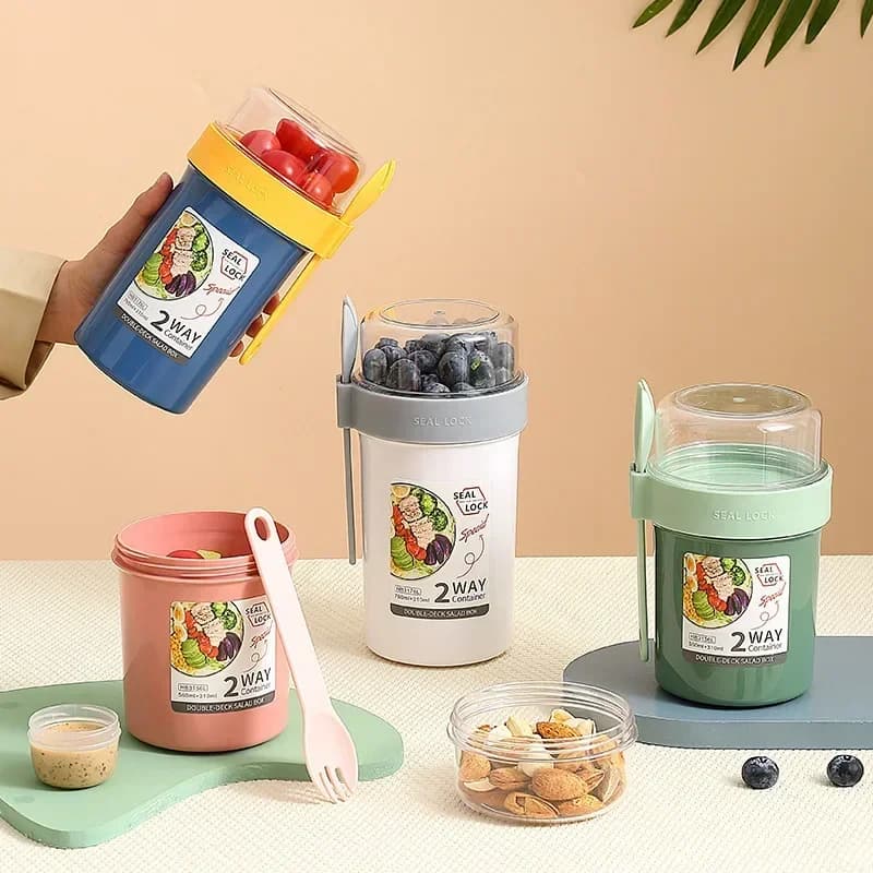 Contenitore portatile per insalata in plastica con coperchio e forchetta, tazza per la colazione, tazza per cereali, noci, yogurt, contenitore per il pranzo scolastico