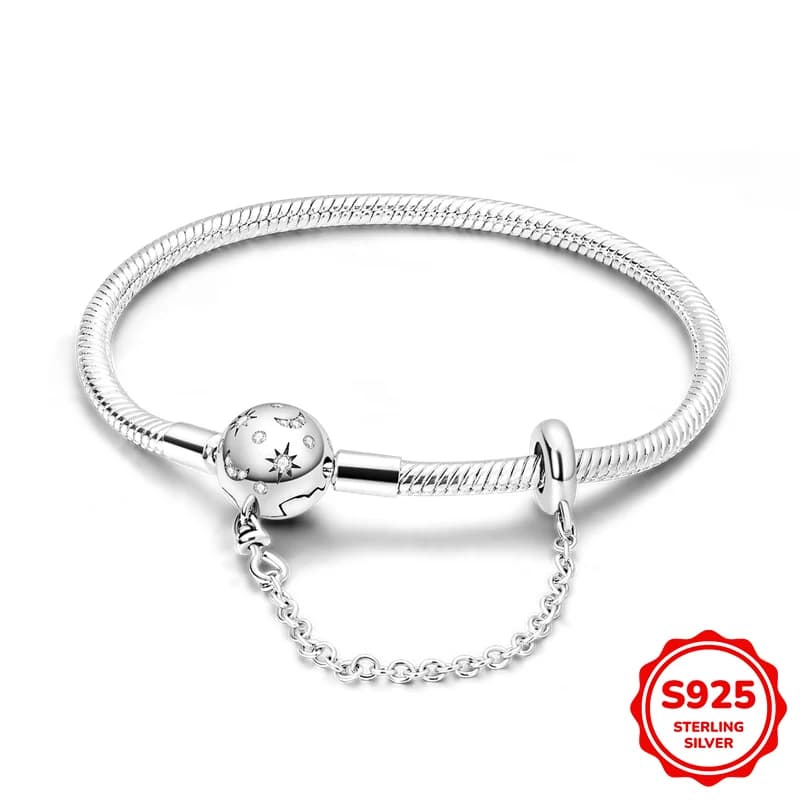 Original 925 sterling silver safety chain with golden full moon and stars, snake chain, woman's jewel, also ideal for everyday use.