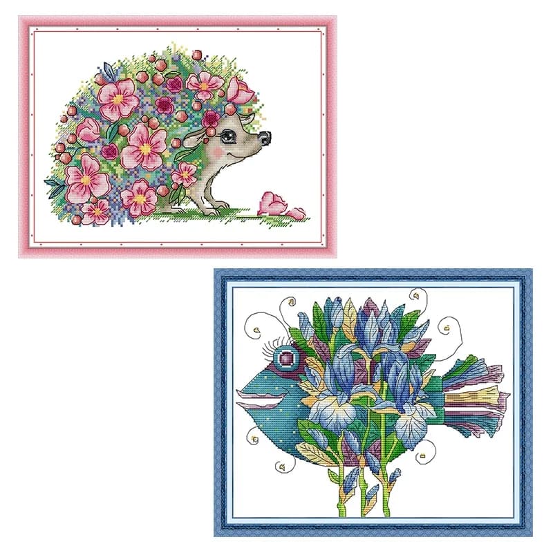 Kit da ricamo a punto croce Bellissimo modello riccio e pesce 16CT 14CT Tessuto stampato Set di aghi da ricamo fai da te Kit da cucito