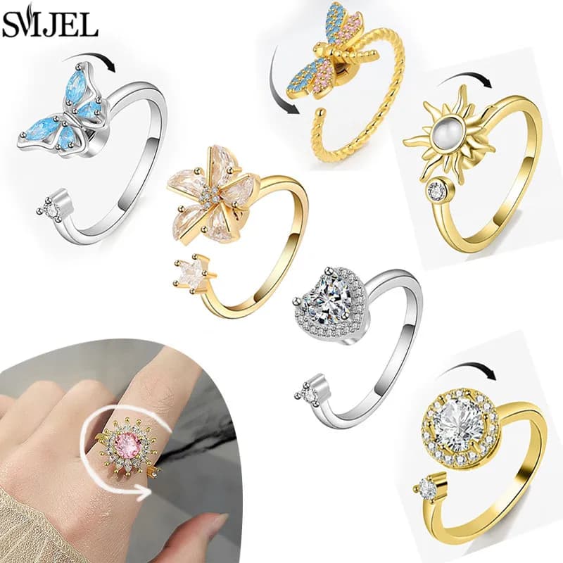 SMJEL Lusso Anti Ansia Rilassante Anello da Donna Fiore di Cristallo Libellula Farfalla Anelli Rotante Fidget Spinner Anello Ragazza Matrimonio