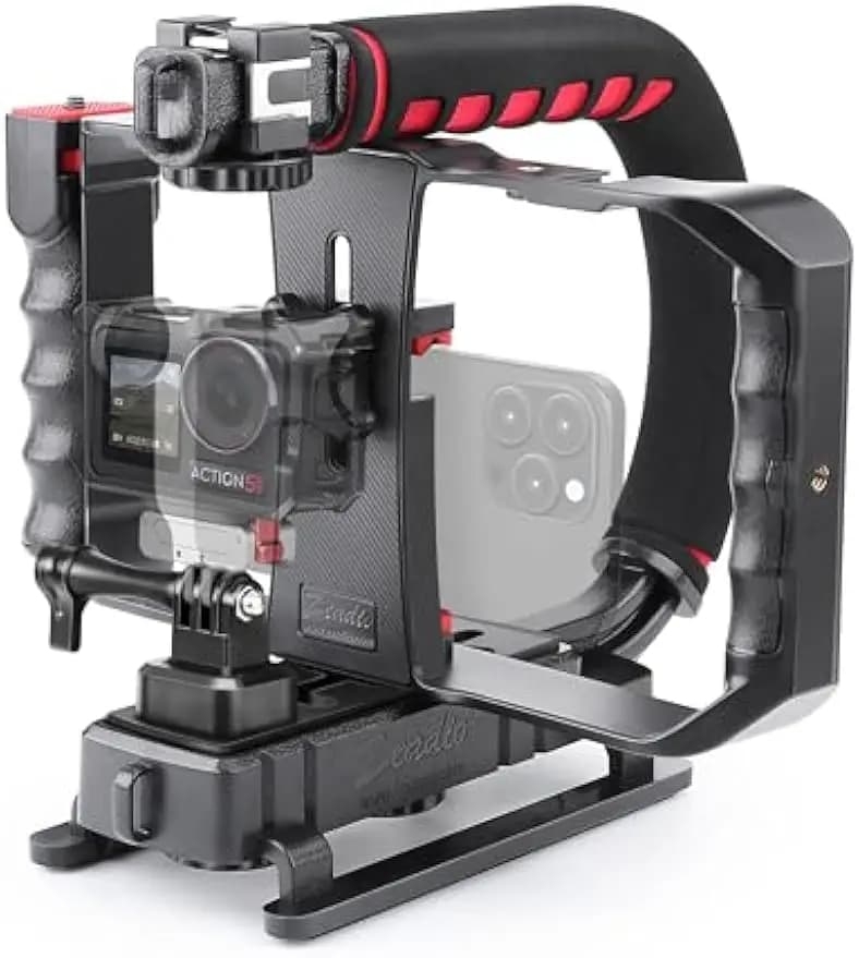 Stabilizzatore universale per fotocamera con gabbia per smartphone, triplo impugnatura per scarpiera fredda per tutte le fotocamere e sport d'azione