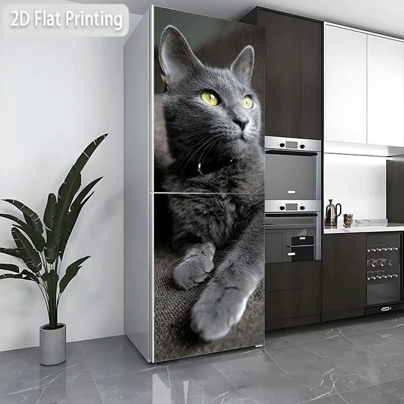Refrigerator Sticker Gray-Eyed Contemplation, Gray Cat Gazing Into The Distance, Soft Velvet Gray Shadow, Mysterious Gray Kit