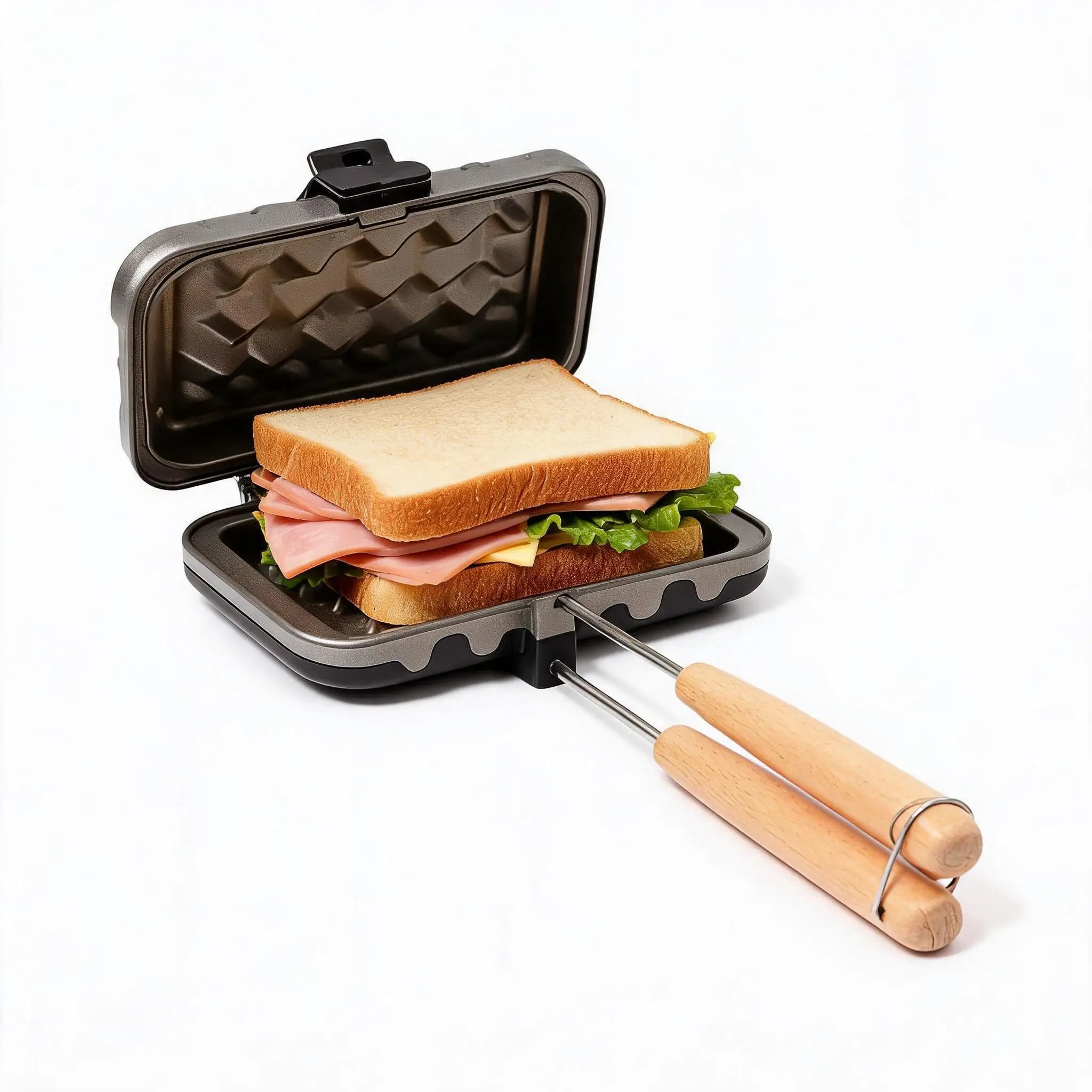 Sandwich Maker with Wooden Handle, Portable Non‑Stick Sandwich Grill Pan, Double Sided Heating Breakfast Toaster for Camping Home