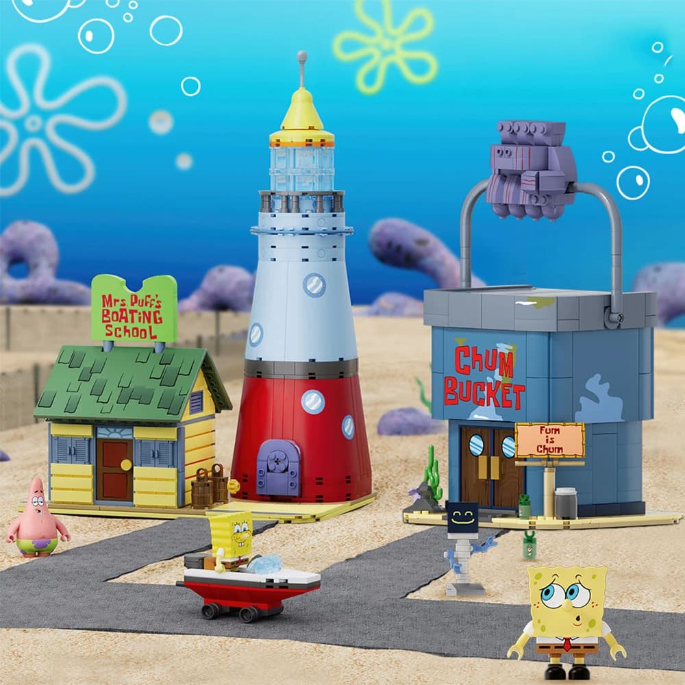 SpongeBob SquarePants Building Blocks Fondo bikini Scuola di guida Il secchiello Chum Modello Mattoni Collezione per bambini Giocattolo Regalo di festa