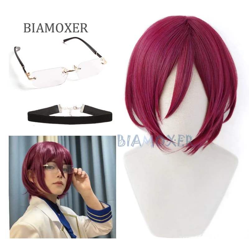 Saegusa Ibara parrucche Cosplay Ensemble Stars breve vino rosso parrucche miste resistente al calore capelli sintetici Cosplay occhiali occhiali