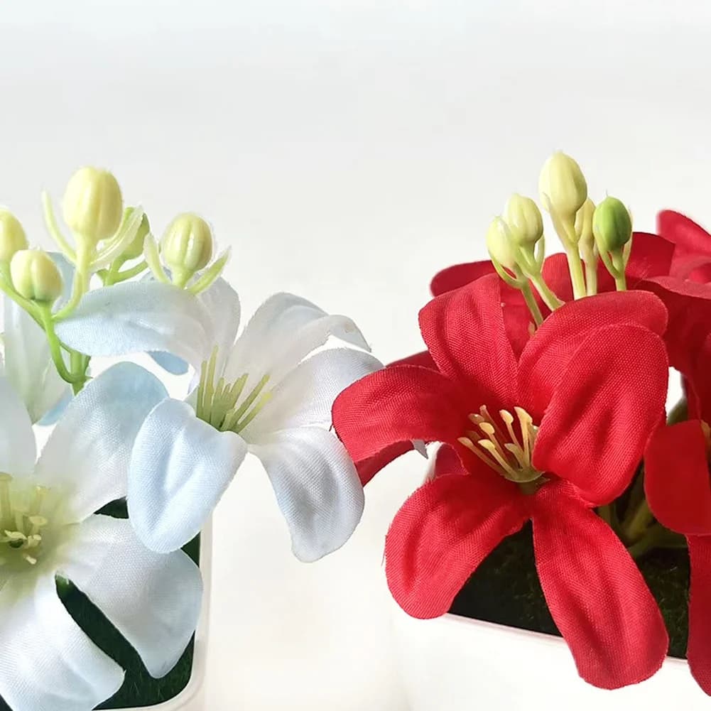 Miniature Artificial Lily Potted Plant 4.3 Inches Tall for Home Office Desk Shelf Decor White Pink Red Blue Orange Purple