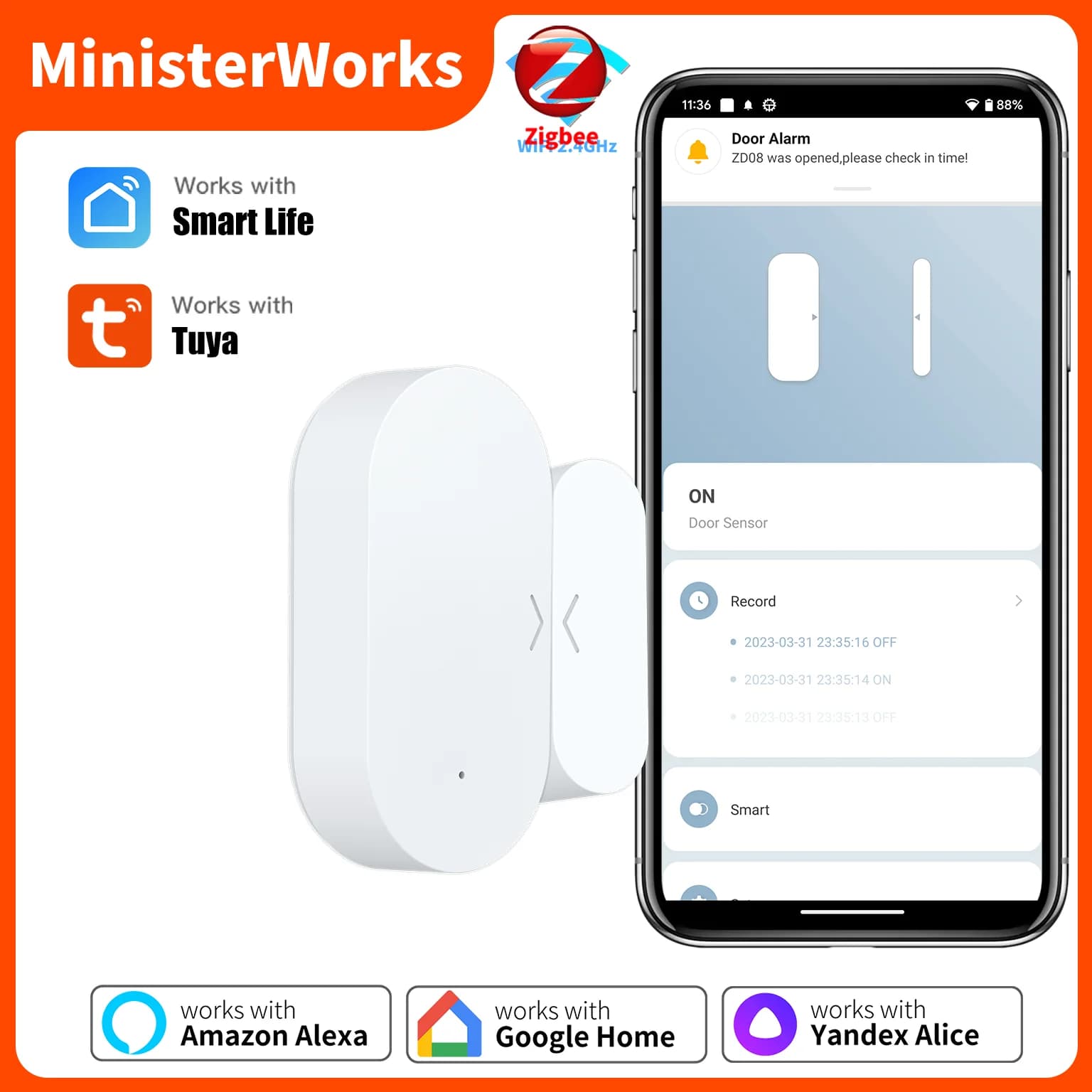 Tuya ZigBee 3.0 Sensore intelligente per porte e finestre Rilevatori di porte aperte e chiuse Sistema di allarme di protezione di sicurezza domestica intelligente per Alexa Google