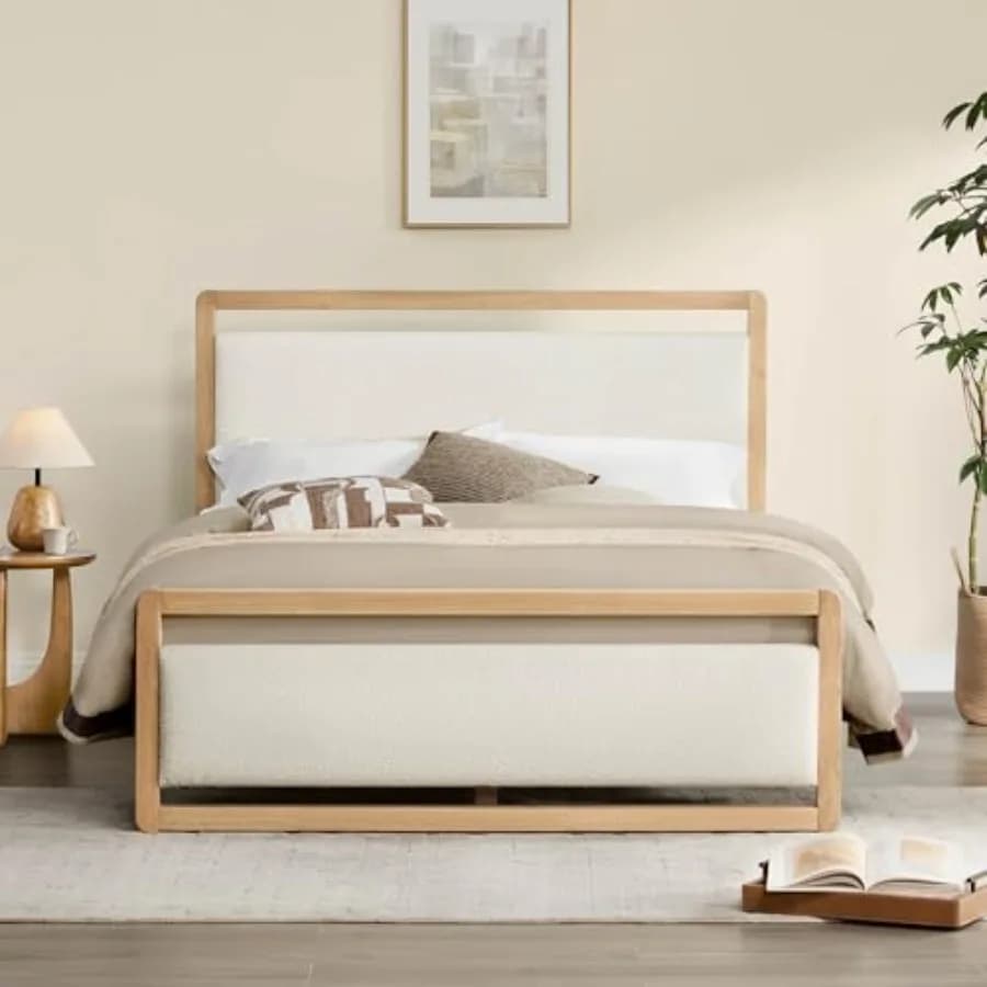 Wooden bed frame with headboard and footboard, base for mattress with USB charging, robust wooden slats support, silent and easy to mount