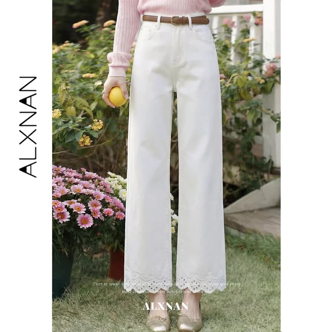 ALXNAN Jeans Off-white a gamba larga, pantaloni in denim baggy dritti, cotone 100% con finiture in pizzo sulle polsine, abbigliamento elegante da donna alla moda L62879A