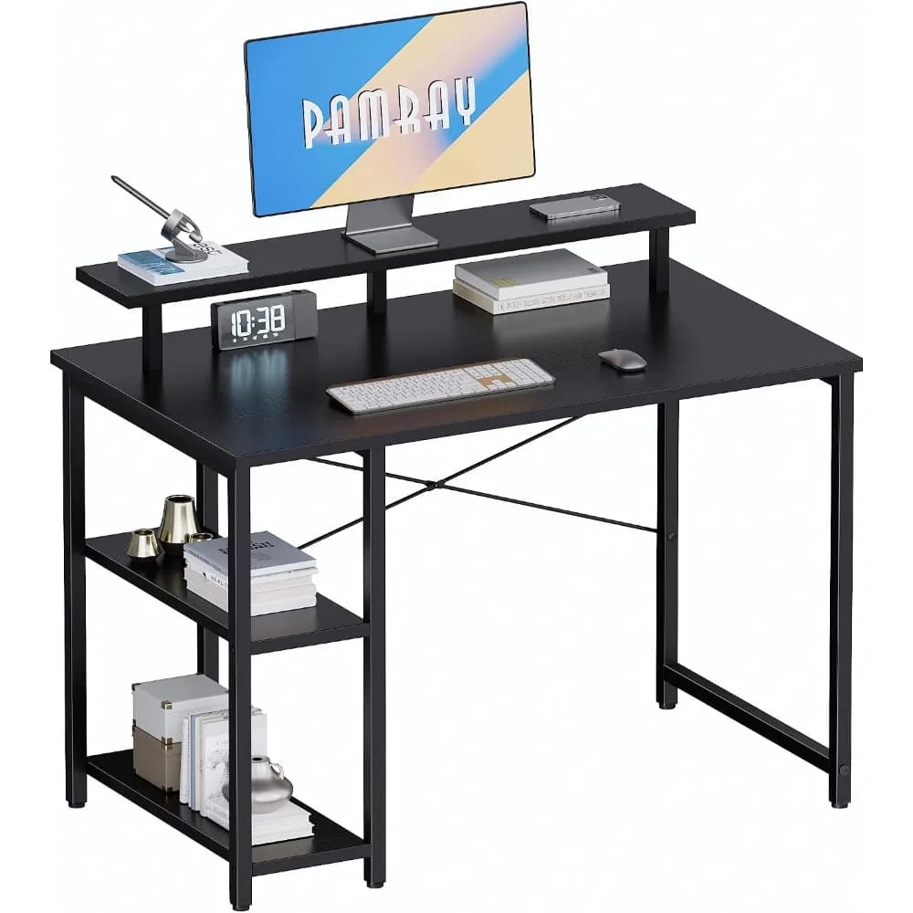 Pamray 33.5 Inch Small Computer Desk with Monitor Stand and Shelves | Sturdy, Space-Saving, Easy Assembly, Suitable for Bedroom, Office, Apartment and Dorm, Used for Writing and Studying