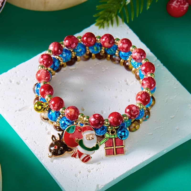 Braccialetti con ciondoli multicolore natalizi con perline per donna, con Babbo Natale, fiocco di neve, albero, alce - Gioielli per feste - IIOO