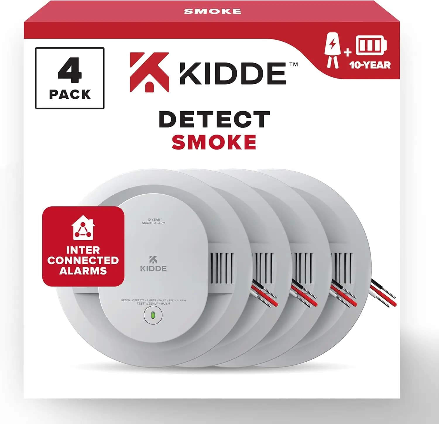 Rilevatore di Fumo Cablato con Batteria di 10 Anni di Durata, Interconnettibile, Indicatori LED, Confezione da 4 per la Sicurezza Domestica