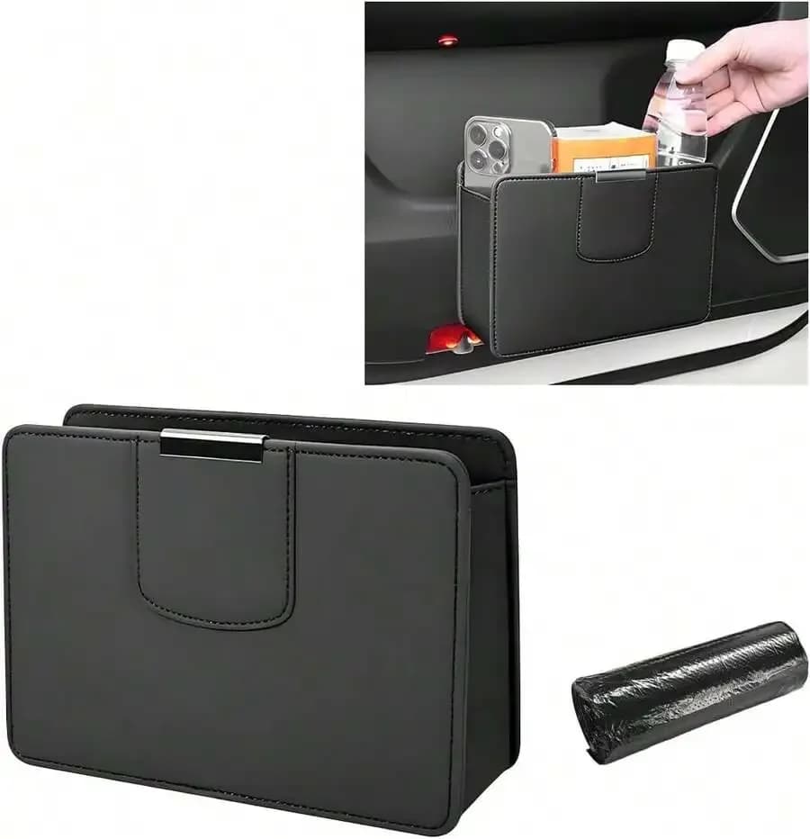 Foldable Car Trash Can With Magnetic Closure Leather Organizer And Trash Bag Black