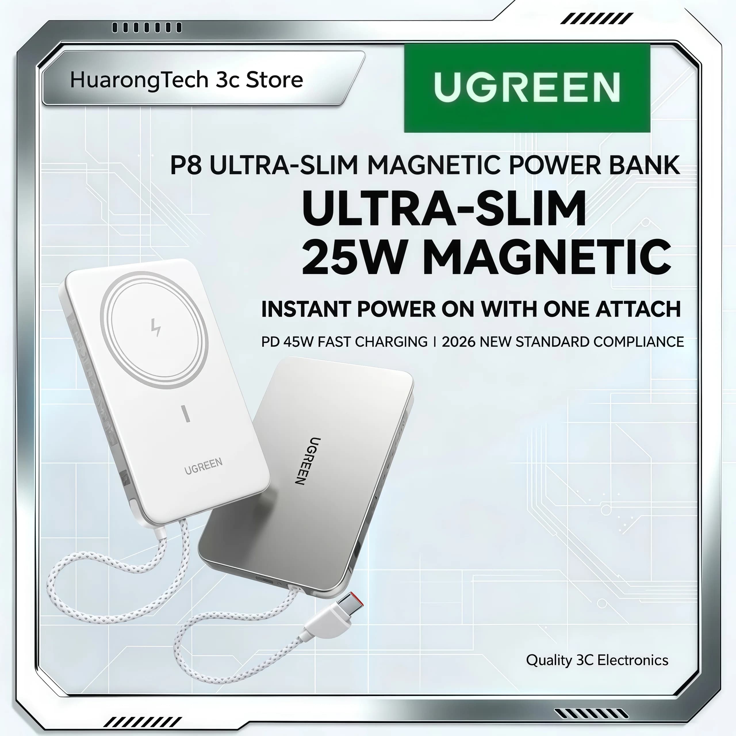 UGREEN P8 Ultra-thin Magnetic Power Bank 10000 MAh 25W Belt Cable Suitable For Apple 17 Wireless PD45W Fast Chager Cable