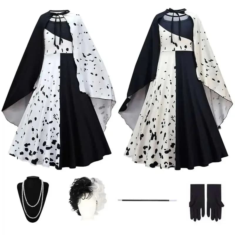 Abito Crudelia per vestiti per ragazze Bambini Abito bianco nero Parrucca Collana Crudelia De Vil Cosplay Polka Maid Costumi di Halloween
