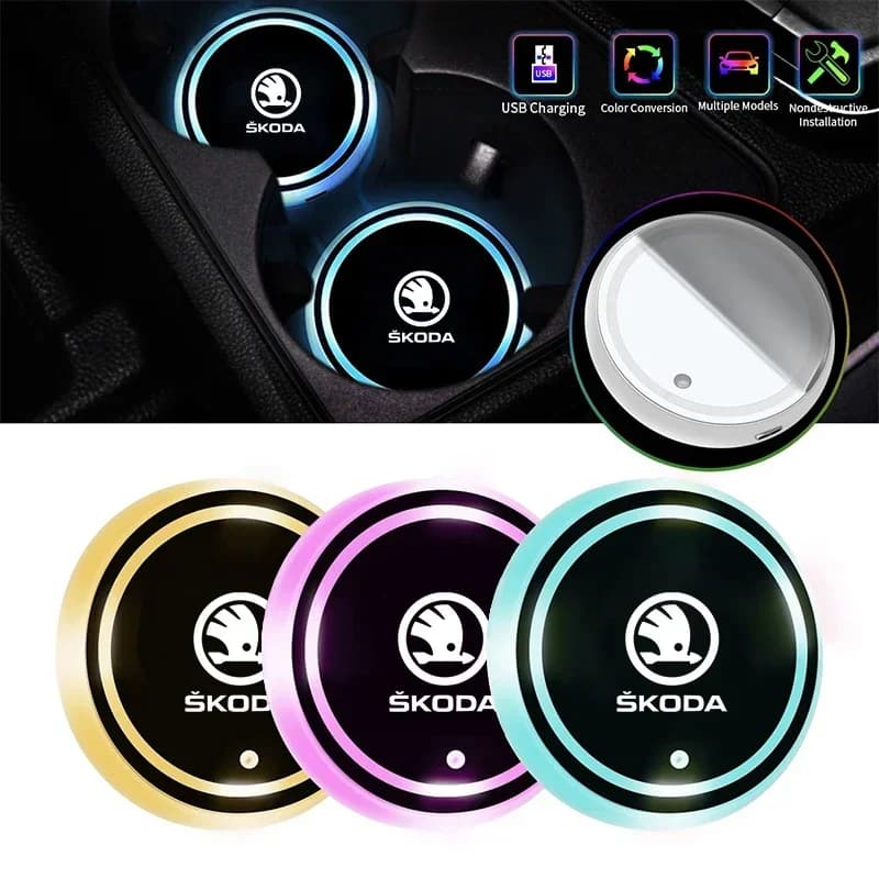 Per Skoda 2 Pezzi Sottobicchieri Luminosi per Auto, Tappetini Portabicchieri, Accessori Auto per Skoda Octavia 2 3 A5 A7 A8 Fabia Karoq Superb Rapid Ka