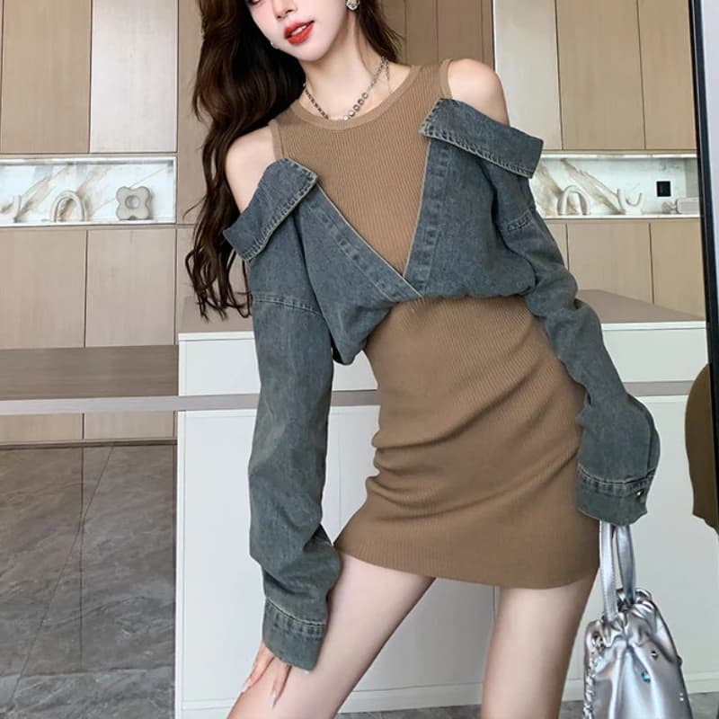Abito con cuciture in denim Set gonna in maglia sui fianchi con tasca in vita con spalle scoperte Abito da ragazza Spice alla moda 2025
