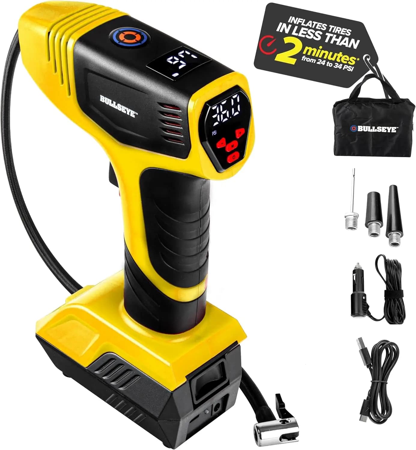 Compressore d'aria portatile Bullseye Pro gonfiatore per pneumatici, gonfiatore per pneumatici per auto portatile, pompa ad aria portatile per pneumatici per auto-150PSI, 12V DC