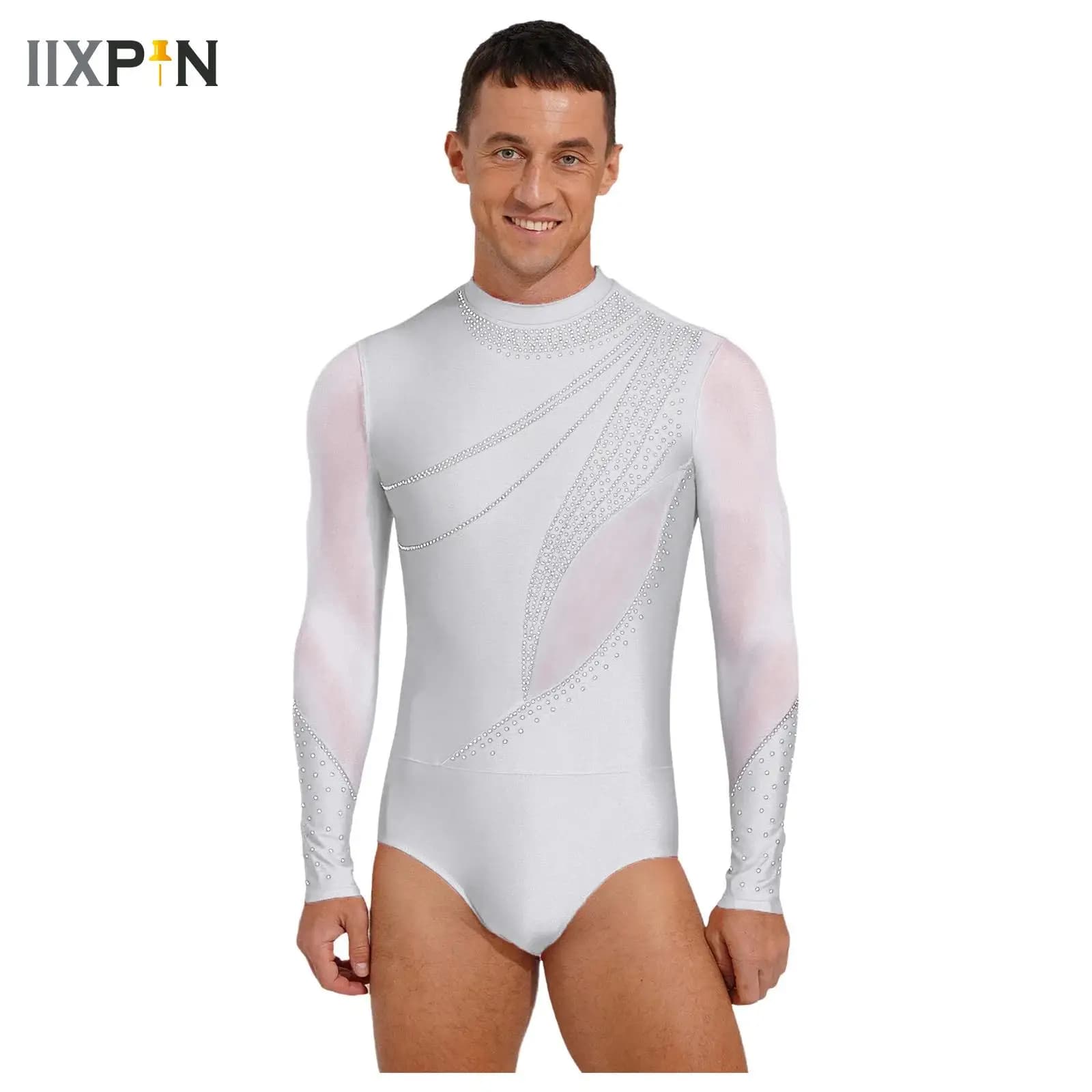 Men Latin Dance Figure Skating Bodysuit Glittery Rhinestone Mesh One-piece Leotard Jumpsuit for Rhythmic Gymnastics Ballet Dance