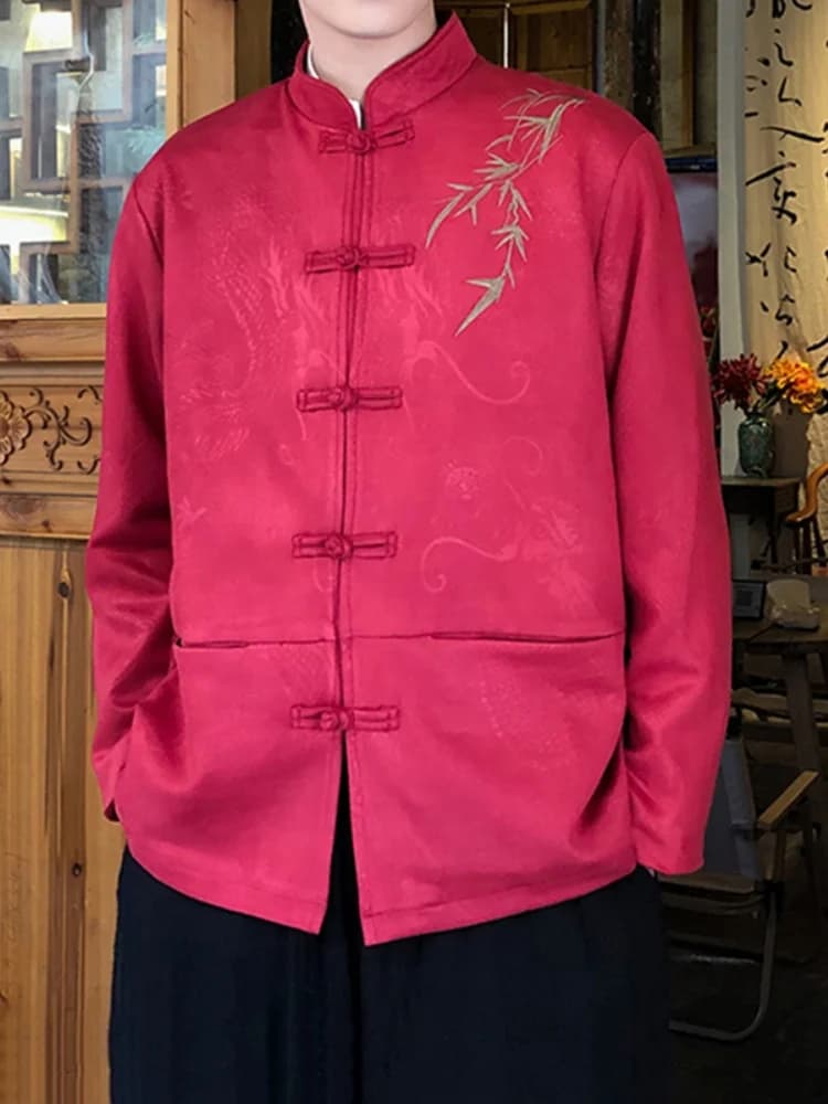 Red Men's Spring Autumn Suede Jacket Embroidered Button Decorated Traditional Chinese Style Hanfu Zhongshan Suit Outerwear