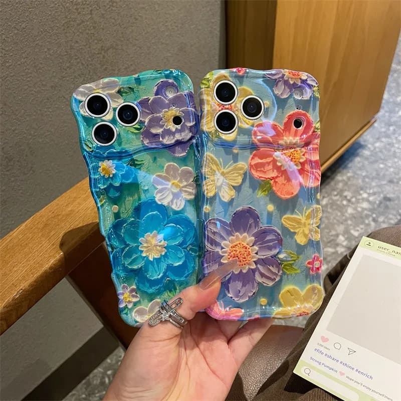 Luxurious blue light oil painting flower corrugated phone case for iPhone 17 16 15 14 Plus 13 12 11 Pro Max Shockproof protective case