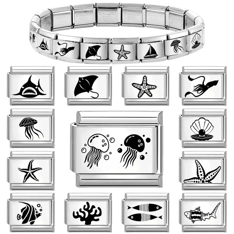 New Laser Engraving Starfish Jellyfish DIY Charms Wholesale Stainless Steel Italian Charm Links Fit 9mm Bracelet Making Jewelry
