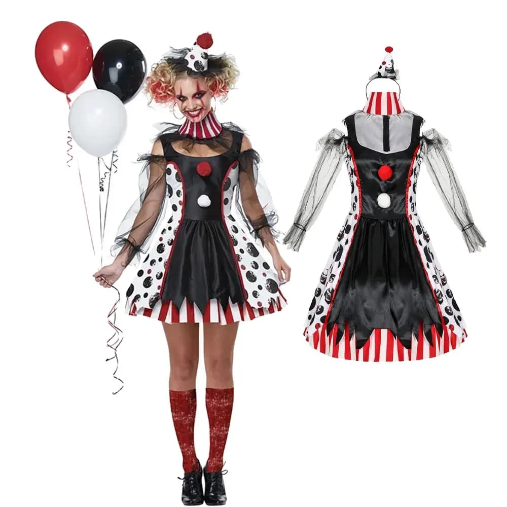 Halloween Donna Terribile Costume da clown del circo malvagio Spezzato Voodoo Doll Abito cosplay Abito da sera da sogno da clown