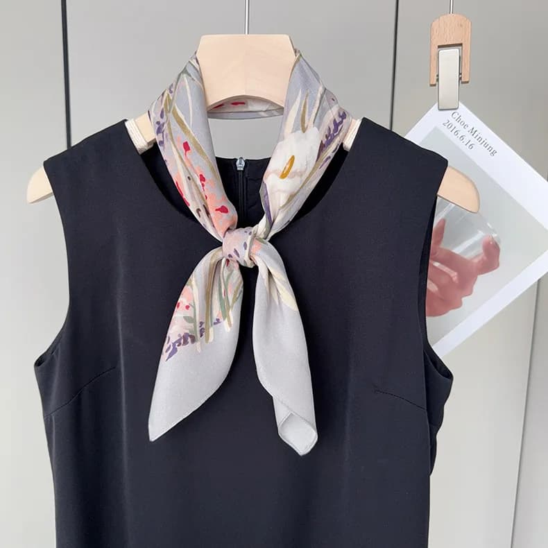 Women 100% Silk Square Scarf Light Gray Watercolor Lily Floral Print Neck Bandana Elegant Soft Fashion Head Scarf
