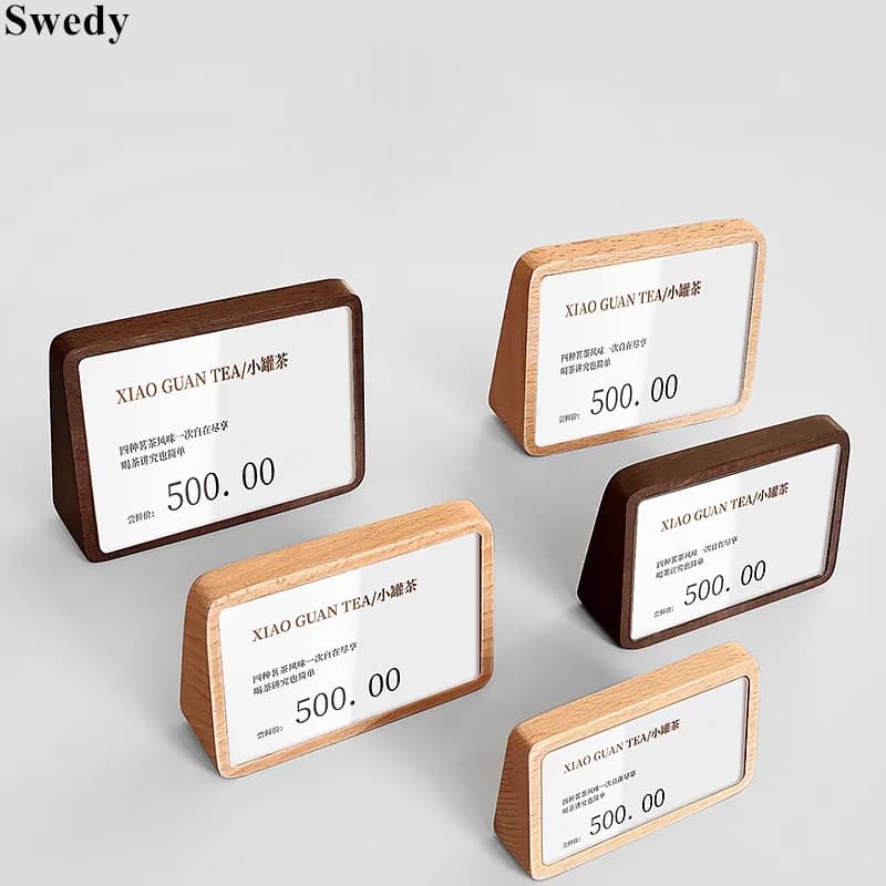 Set di 5 Porta-Cartelli in Acrilico con Base in Legno 90x54mm, Espositore da Tavolo per Numeri, Nomi, Menu, Prezzi e Etichette