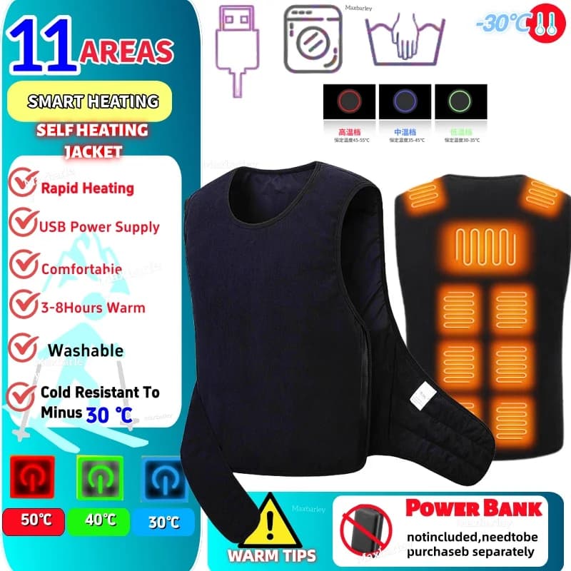 11 areas vest heated man ski warm winter underwear jacket self-heating snow hiking hunting sleeveless functional outerwear