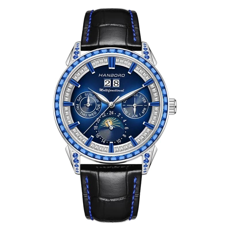 Luxury Automatic Watch for Men HANBORO Multi-functional Mechanical Watch Business Fashion Blue Waterproof